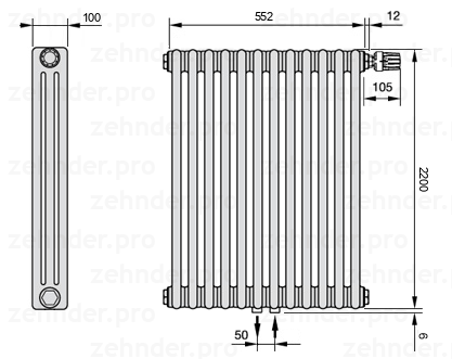 Схема (чертеж) Радиатор Zehnder Charleston 3220/12 №V008 Белый глянцевый RAL 9016